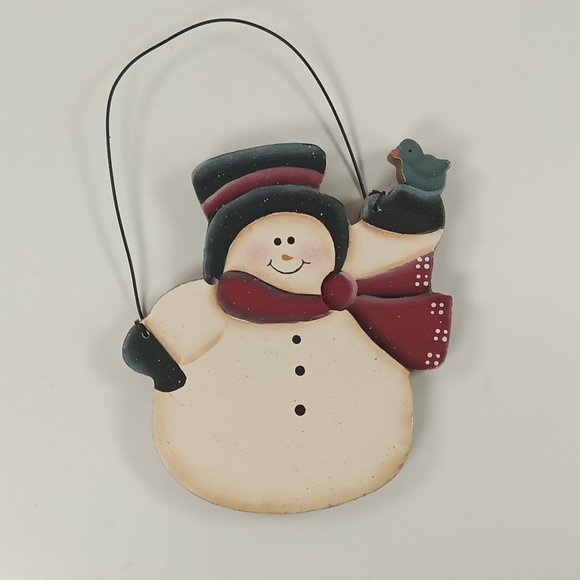 Snowman with Red Scarf & Bird Wooden Christmas Decoration 3.75" Hanging Ornament - Picture 1 of 3